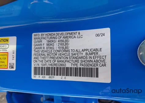 2024 Honda Civic Sport Touring z USA, uszkodzony, nr VIN 19XFL1H82RE028663